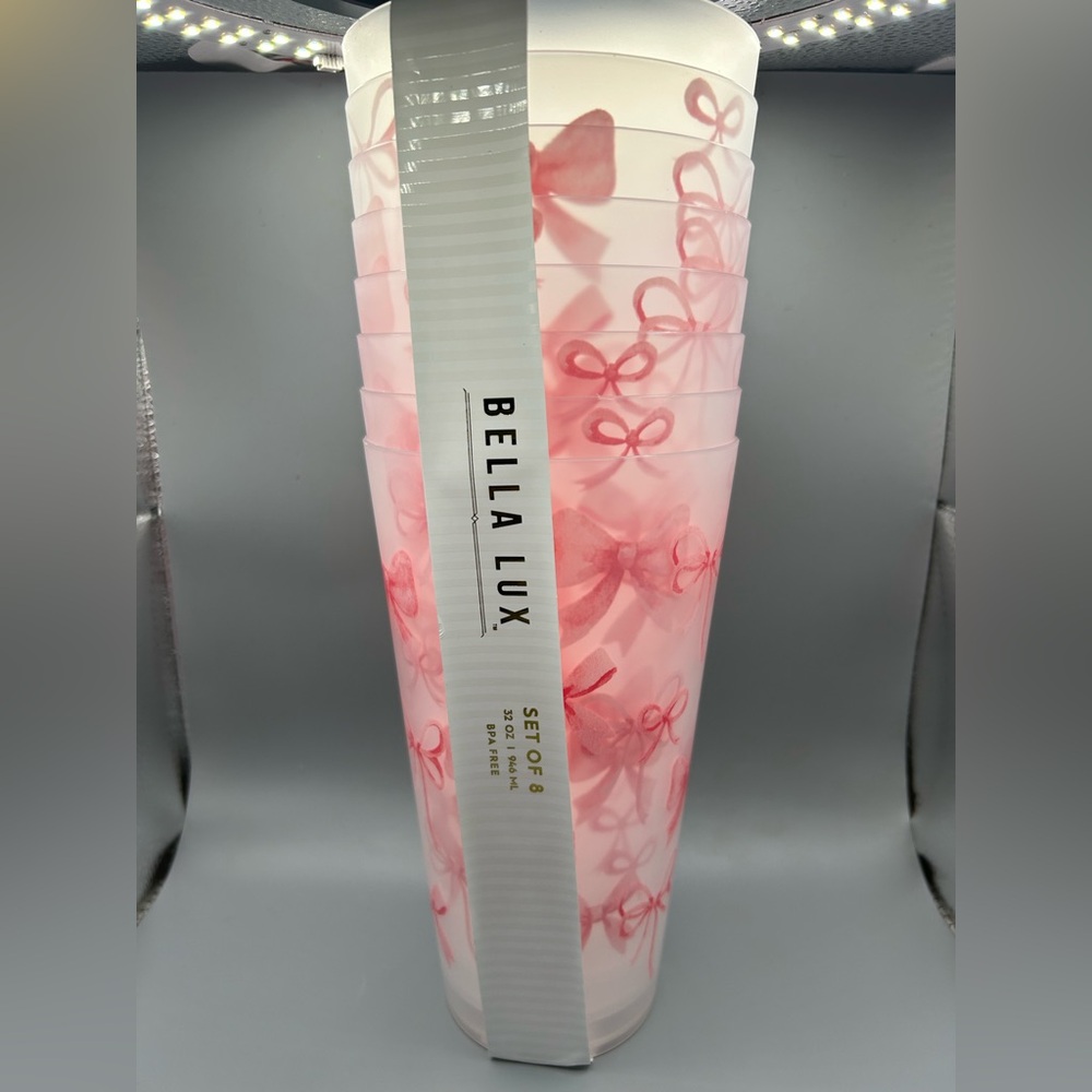 Bella Lux Pink Coquette Bow Plastic BPA Free Tumblers Glasses Set Of 8 NEW